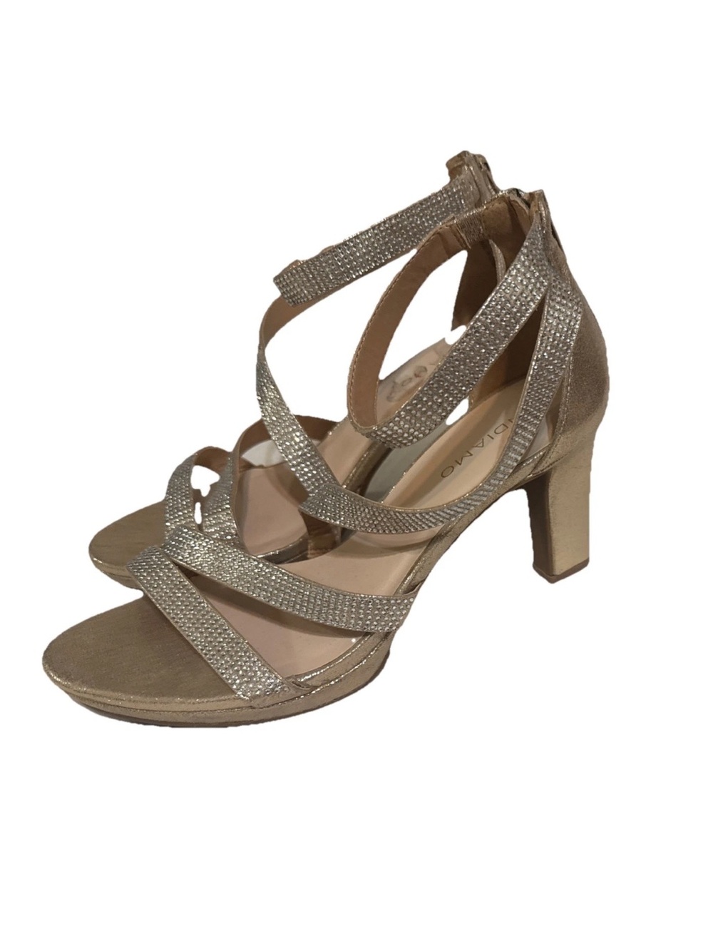 Gold Strappy Heeled Sandals with Rhinestone Accents